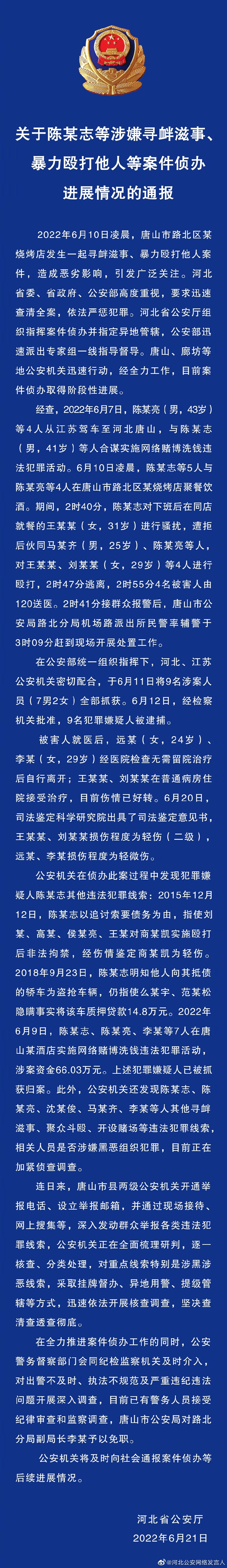 關(guān)于陳某志等涉嫌尋釁滋事、暴力毆打他人等案件偵辦進展情況的通報