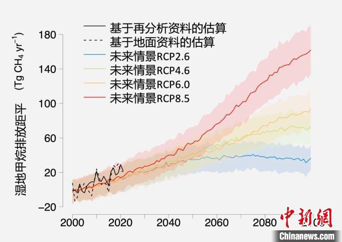 基于觀測的濕地甲烷排放變化與未來氣候變化情景下估算的對比?！≈锌圃呵嗖馗咴?供圖
