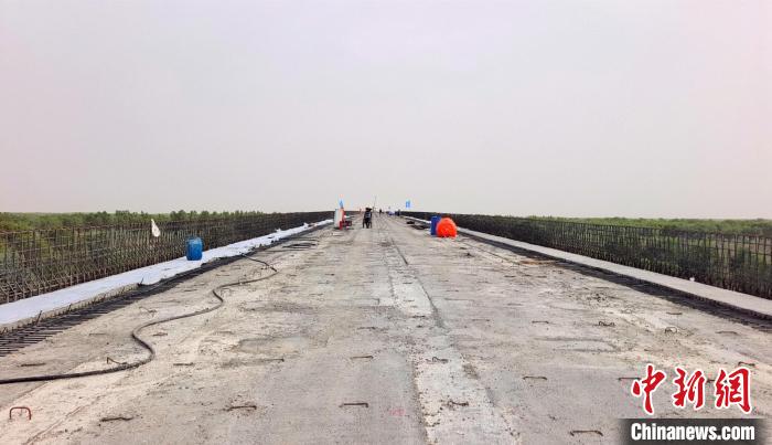 工作人員正在橋面上緊張有序地施工?！∈酚窠?攝