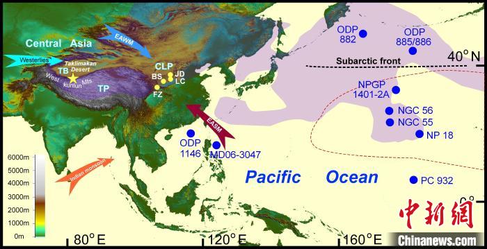 塔里木沙塵傳輸至北太平洋的路徑(陰影區(qū))及西昆侖山黃土巖芯位置(五角星)?！≈锌圃呵嗖馗咴?供圖