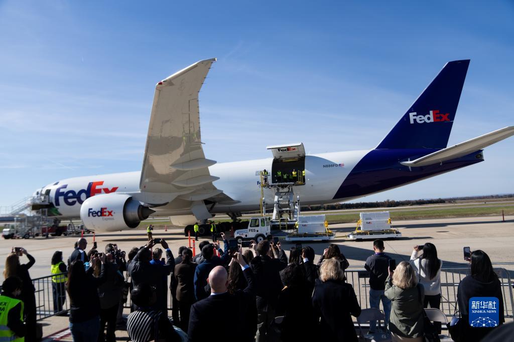 11月8日，在美國弗吉尼亞州的華盛頓杜勒斯國際機(jī)場，裝有大熊貓的特制“旅行包廂”準(zhǔn)備運(yùn)上專機(jī)。新華社記者劉杰攝