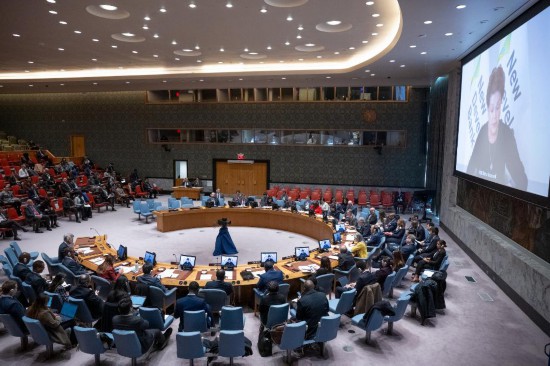 這是2023年11月20日在位于紐約的聯(lián)合國總部拍攝的安理會“共同發(fā)展促進持久和平”公開辯論會現(xiàn)場。中國作為輪值主席，倡議聯(lián)合國安理會20日舉行主題為“共同發(fā)展促進持久和平”的公開辯論會。新華社發(fā)（聯(lián)合國供圖/埃斯金德·德貝卜攝）