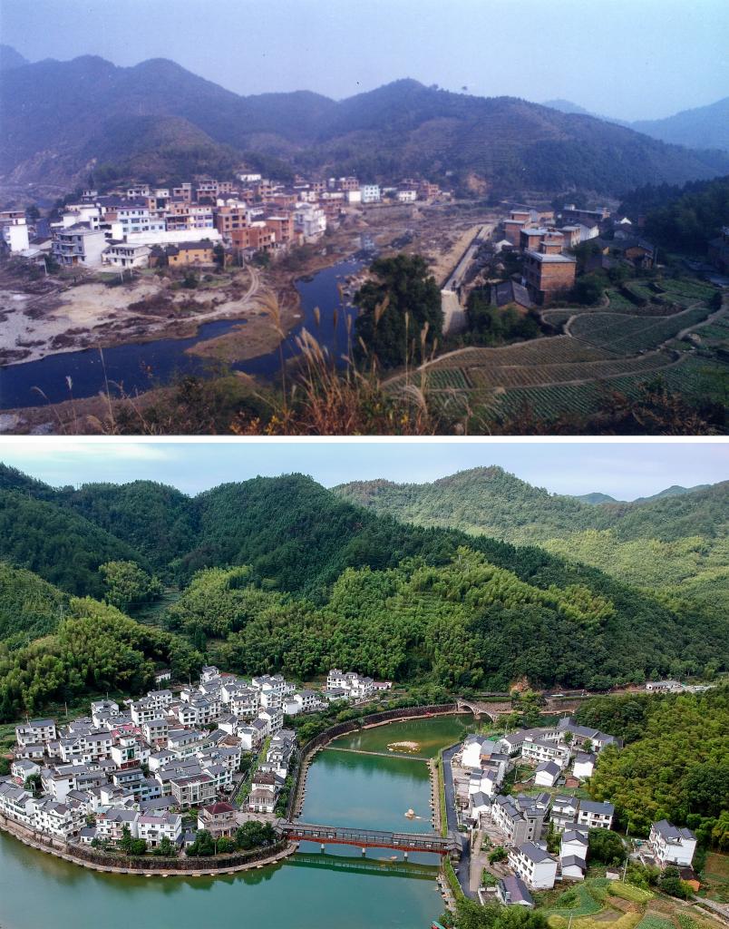 圖為浙江省杭州市淳安縣楓樹嶺鎮(zhèn)下姜村拼版圖，其中上圖為資料照片、下圖由新華社記者張鋮攝。