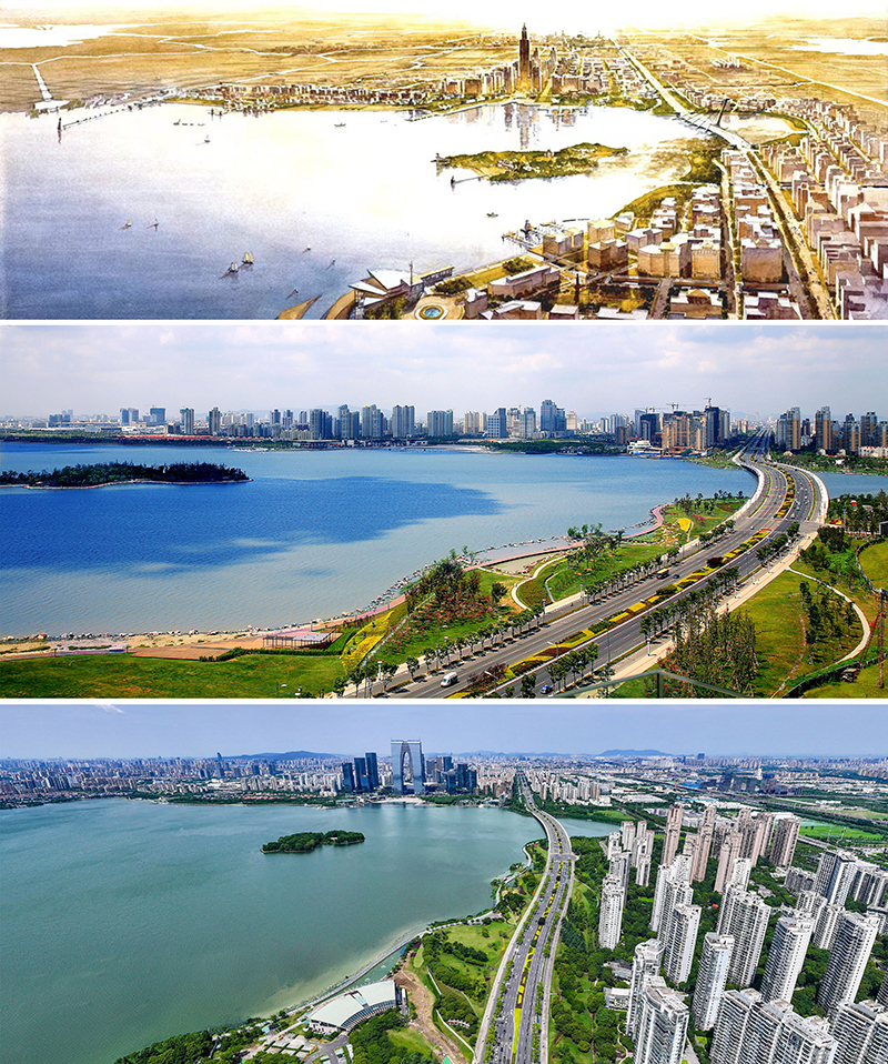 拼版照片：上圖為1994年繪制的蘇州工業(yè)園區(qū)手繪規(guī)劃圖；中圖為2007年拍攝的蘇州工業(yè)園區(qū)；下圖為2023年7月4日用無人機拍攝的蘇州工業(yè)園區(qū)。