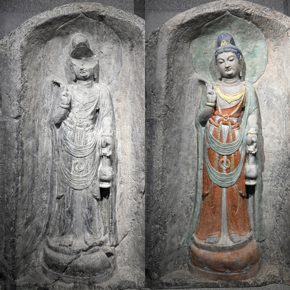 左圖為龍門石窟萬(wàn)佛洞窟前南壁菩薩造像的3D打印模型；右圖為利用數(shù)字化技術(shù)復(fù)原后的3D打印模型（2025年4月10日攝，拼版照片）。復(fù)原后的像龕精妙絕倫，栩栩如生，被游客譽(yù)為“龍門最美菩薩”。圖片來(lái)源新華社