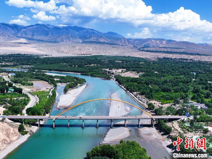 航拍貴德縣黃河岸畔綠意盎然。　馬銘言 攝