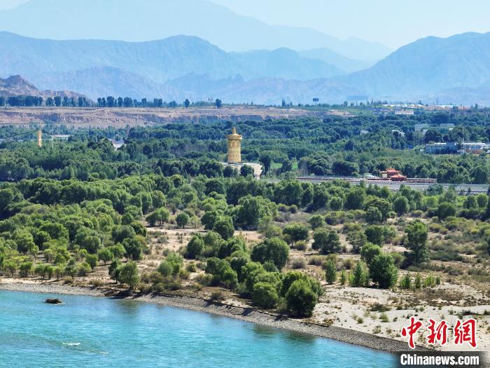 航拍貴德縣黃河岸畔綠意盎然?！●R銘言 攝