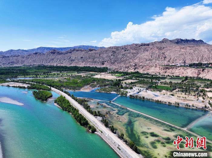 航拍貴德縣黃河岸畔綠意盎然。　馬銘言 攝