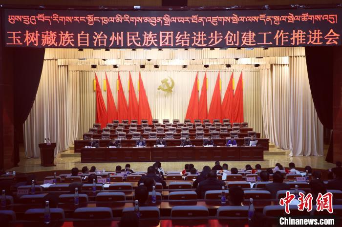 圖為玉樹州民族團結(jié)進步創(chuàng)建工作推進會現(xiàn)場?！『F龍 攝