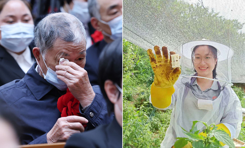 左圖為2021年2月25日，黃文秀的父親黃忠杰在全國脫貧攻堅表彰大會上；右圖為黃文秀生前工作照。