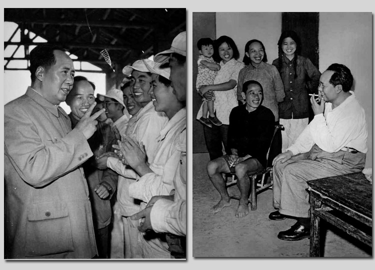 左圖：1959年，毛主席在安徽視察工廠時(shí)，同煉鋼工人親切談話。右圖：1959年，毛主席在湖南視察韶山，同貧農(nóng)社員親切談話。